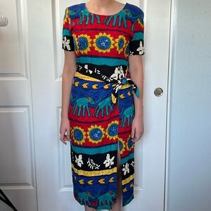 Vtg 80s sunflower elephant tribal inspired bright striped faux wrap dress M L
